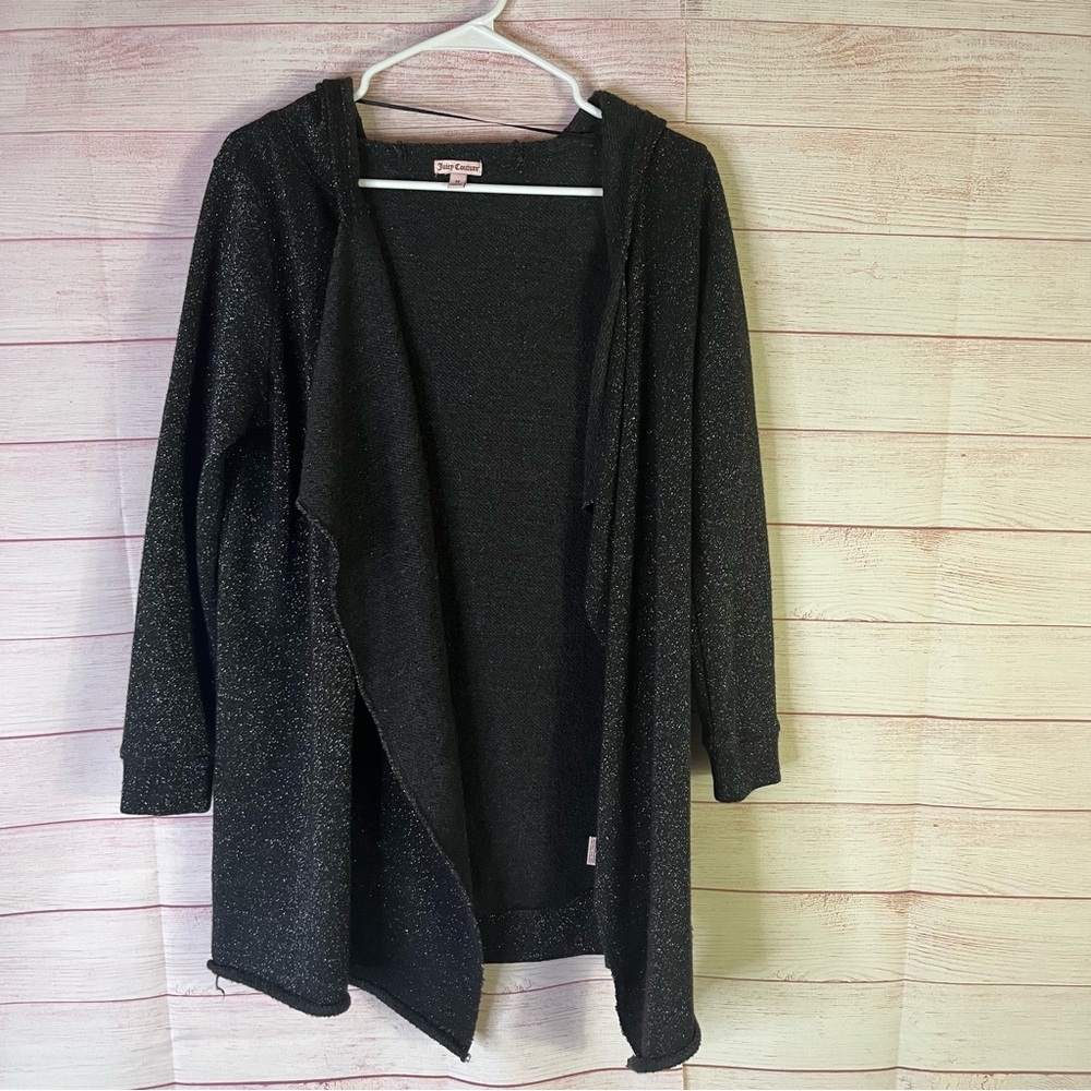 Juicy Couture Black Silver Shimmery Hooded Draped Cardigan Size Medium